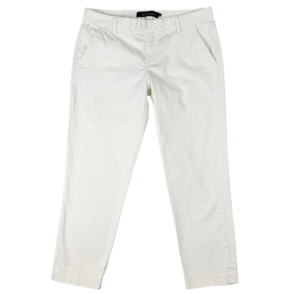 Calvin Klein Women's Size 10 Jeans‎ White Chino Pants Mid Rise Tapered Cotton